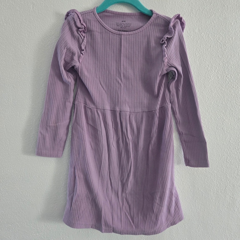 H&M Girls Lavender Purple‎ Ribbed Ruffle Shoulder Long Sleeve Dress US 5T/6